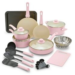 GreenLife Juego de Utensilios de Cocina Soft Grip de 18 Piezas, Rosa