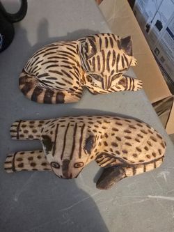 Hand-Carved Wooden Cat Figurines Set of 2