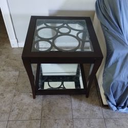 Glass Wood End Table With Mirror Bottom