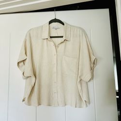 Linen Blend Classic Oversize Beige Button Down Shirt Medium