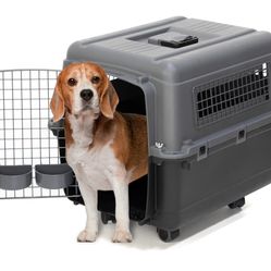 New SportPet Airline Approved Wire Door Travel Dog Crate, Durable Plastic Pet Travel Kennel with Removable Wheels,Collapsible, Food Bowls & Accessorie
