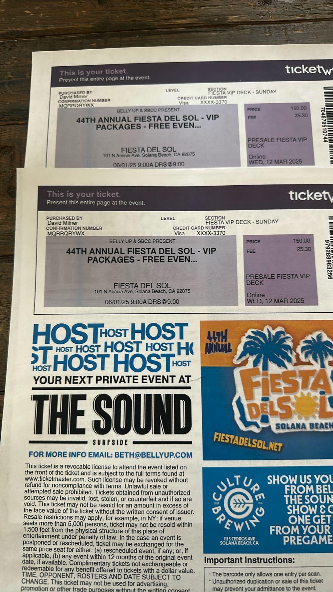 Fiesta Del Sol VIP Deck Tix (2) Sunday