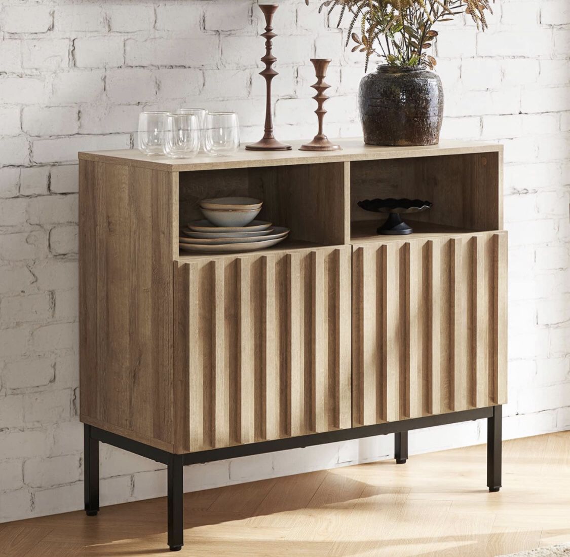 Storage Cabinet, Modern Rustic Industrial Buffet Sideboard, Accent Console Credenza, Fluted Panel Doors, Adjustable Shelves, Sturdy Metal Legs with Le