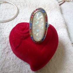 Large Imitation Opal Multi-colored Gemstone Ring SS