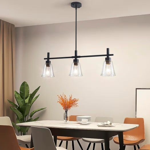 Black Kitchen Island Lighting, 3-Lights Modern Dining Room Light Fixture, Farmhouse Pendant Light Fixtures with Glass Shades, Adjustable Rectangle Lin