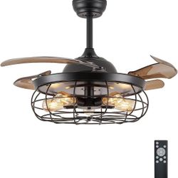 DuMaiWay 42" Caged Ceiling Fan with Lights, Industrial Retro Ceiling Fans with Remote Controller Vintage Style for Farmhouse/Living Room/Bedroom/Resta