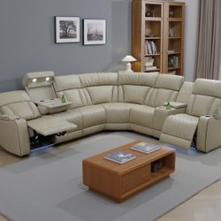 Power Electric Beige Cream Leather Fully Reclining Sectional Couch 