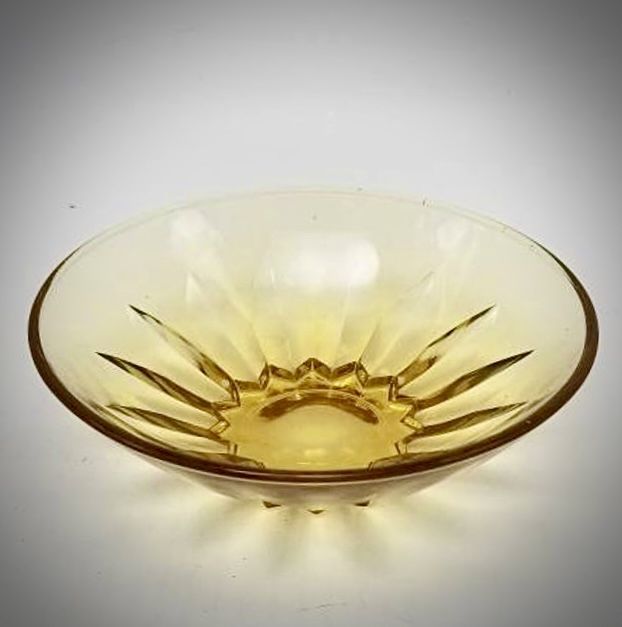 Vintage Amber Glass Bowl, Sunburst Bottom Design, Small Retro Serving Snack Nuts Candy Bowl