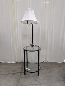 Black Metal Floor Lamp with White Shade Round Glass End Table