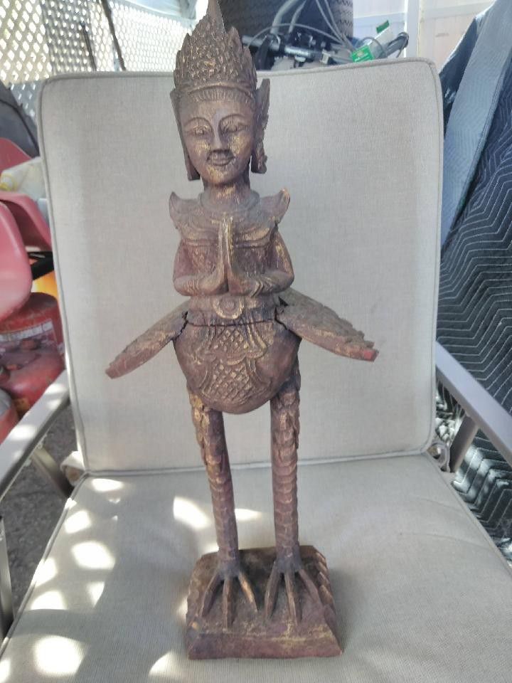 $50 Vintage Large Hand Carved Kinnari Wooden Statue

