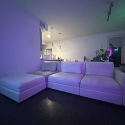 Beige Leather Sectional Couch – 4 Pieces + Storage Ottoman