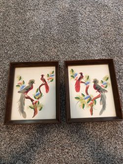 Vtg Feathered Craft Bird With Red Feathers, Set Of 2 - Frame Is 11” X 9” Each