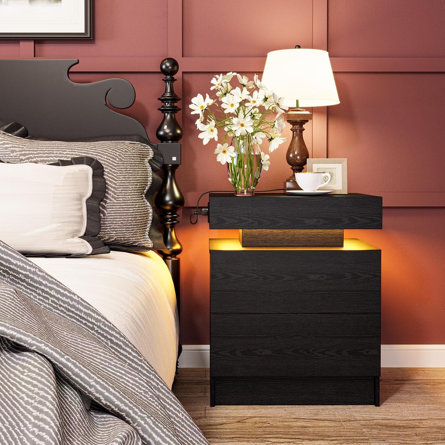 Night Stand with Charging Station, Modern Black Nightstand with LED Light and Drawers