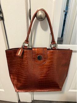 Emilie M. Large Croc Embossed Tote Shoulder Bag – Cognac Brown
