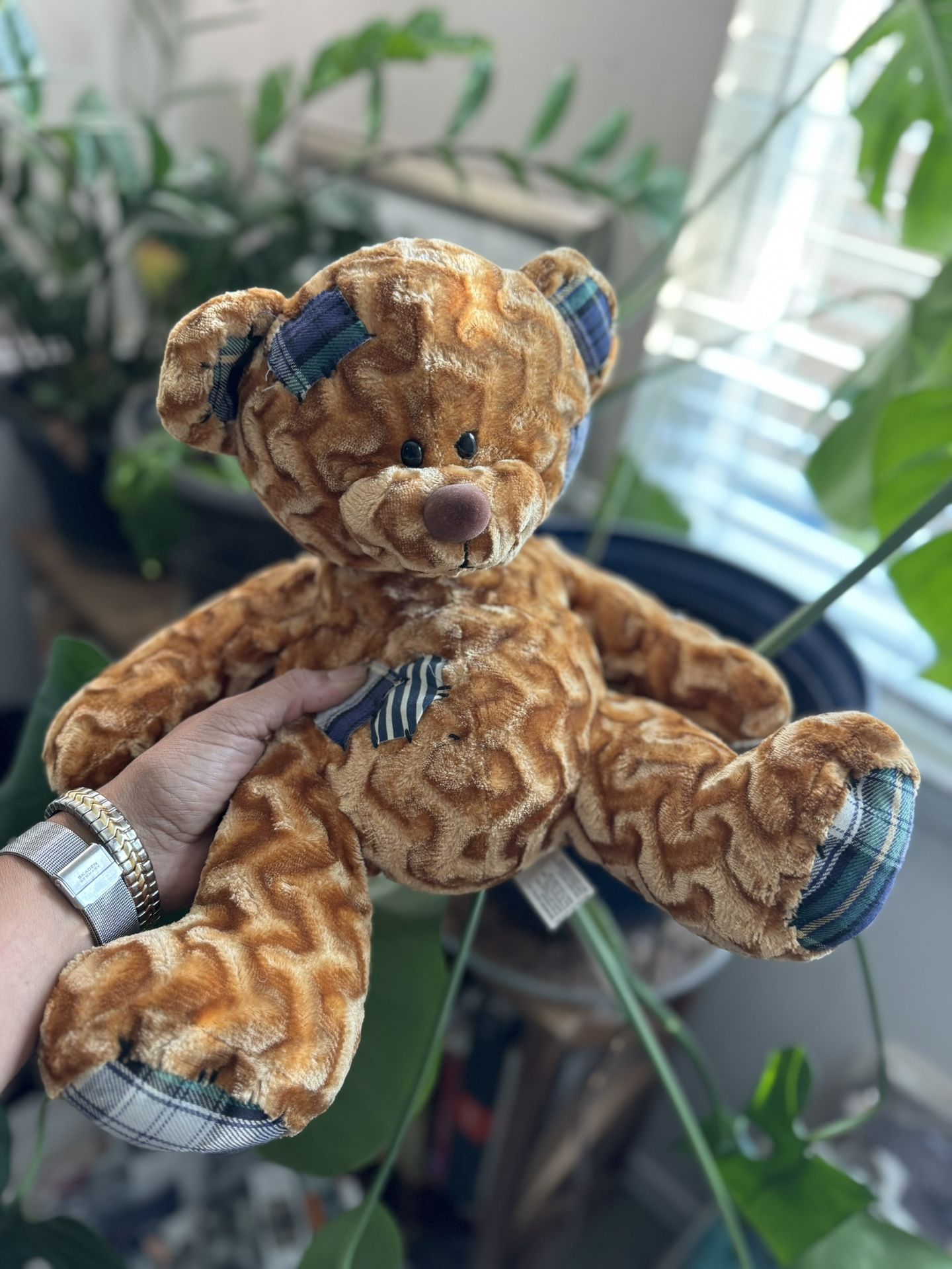 Fiesta Patch Patchwork Shiny Brown Stuffed Teddy Bear Sitting Bean Bag Plush 7"