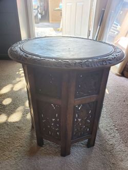 Hand-Carved Dark Wood Round Accent Table