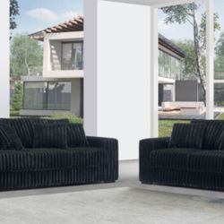 BLACK CORDUROY SOFA AND LOVESEAT WITH THROW PILLOWS 