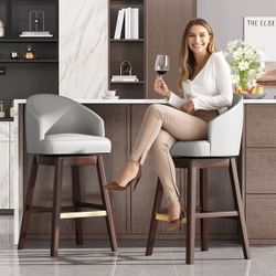 31 in Bar Stools PU Leather / Linen Fabric Upholstered Wood Swivel Barstool Set of 2 - Dark Grey