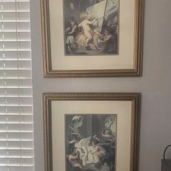 Pair Of Cherub Prints Wall Art . Framed Under Glass 