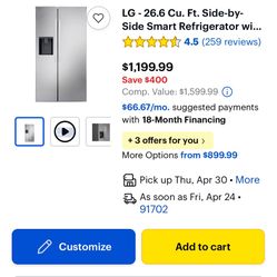 LG - 26.6 Cu. Ft. Side-by-Side Smart Refrigerator