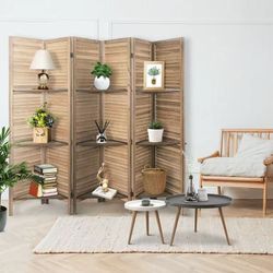  6 Panel Wood Room Divider Screen, Freestanding Room Dividers with Shelves, Foldable & Lightweight, Brown