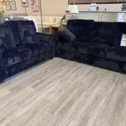 Black Corduroy Stationary Sofa And Loveseat 
