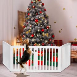 24 Inch Pet Dog Gate, Foldable Freestanding Dog Door 4 Panel, White Wooden Z Shape Step Over Pet Fence for Entryway, Stairs, Doorway, White