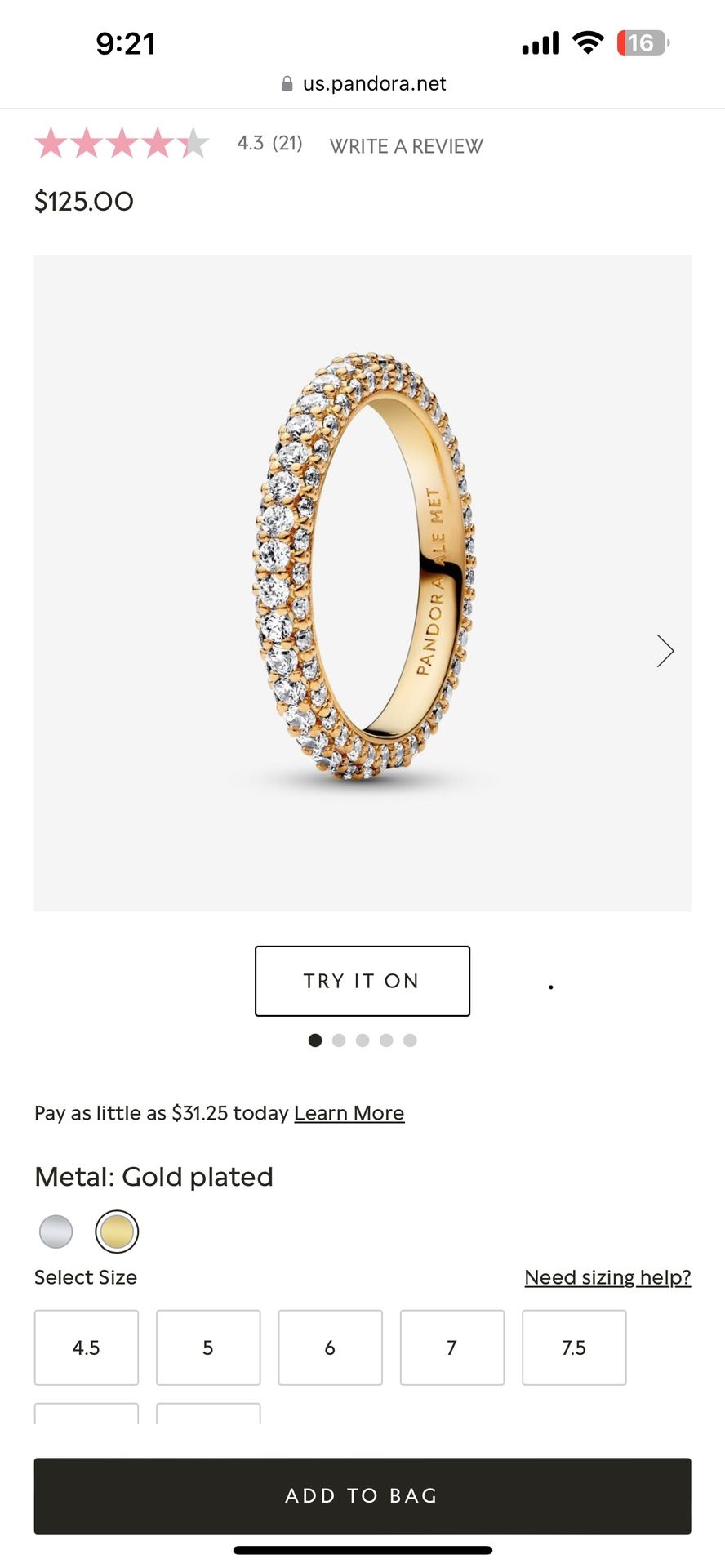 Pandora Yellow Plated Gold Size 7