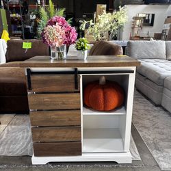 Rustic Sliding Door Accent Cabinet with Shelves and Farmhouse Top