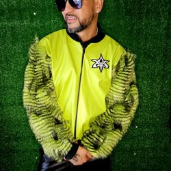 Neon Yellow Zip Jacket with Porcupine Fur Sleeves | VMS Couture Streetwear | Faux Fur Bomber | Unisex Designer Outerwear