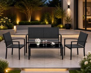New 4 Pieces Outdoor Patio Furniture Set Conversation Set with Glass Coffee Table Bistro Set with Loveseat Garden Yard Lawn and Balcony   New in box. 