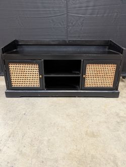 Modern Black Cane Door Storage Cabinet Media Console