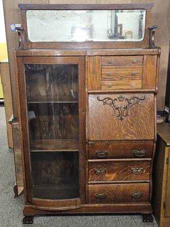 Antique Tiger Oak Curved Glass Secretary Desk

