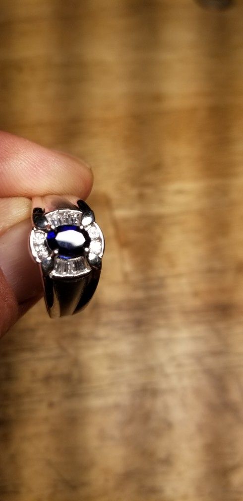 MENS 18K WHITE GOLD SAPPHIRE RING SIZE 11
