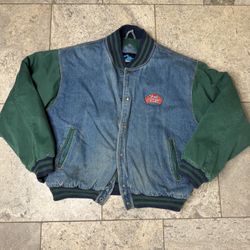 Vintage Tri Mountain Denim Blue Green Bomber Jacket XL Fresh Express Farms