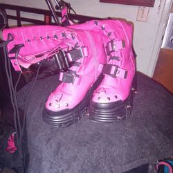 Knee Hi Pink Spiked Pleather Boots