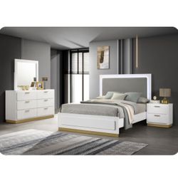 4 Piece Queen Bed Set White And Gold With LED Lights On Headboard Includes Queen Bed Frame Dresser Nightstand & Mirror Brand New In Box Firm Price$770