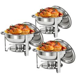Pack of 3 Round Chafing Dish Full Size 5 Quart Stainless Steel Deep Pans Chafer Dish Set Buffet Catering Party Events Warmer Serving Set Utensils w/Fu