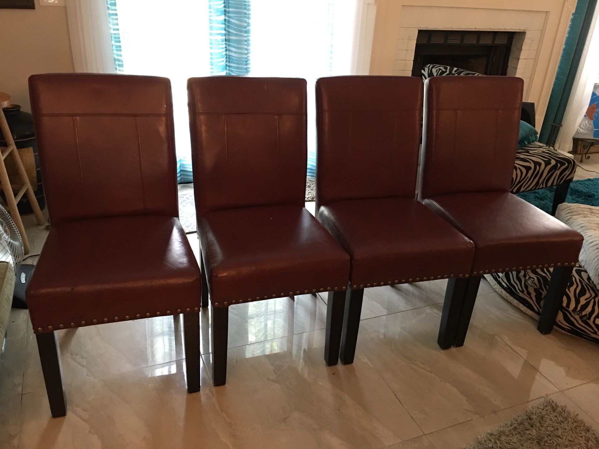 4 Faux Red Leather Dining Chairs with Nailheads