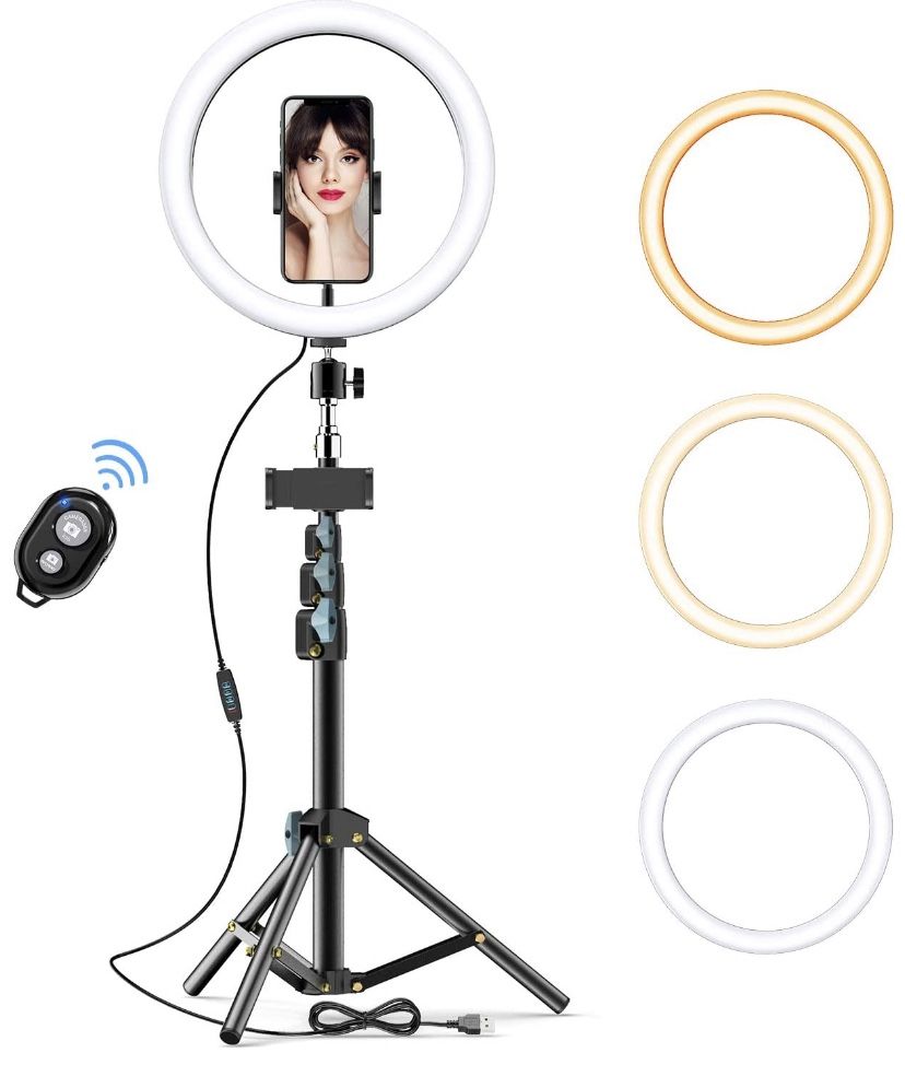 New 10” Selfie Ring Light with Tripod Stand & 2 Phone Holders & Bluetooth Remote, GPEESTRAC LED Beauty Camera Ringlight for Photography Makeup Live S