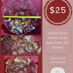 Vintage Silver Overlay Glass Bowl Early 20Th Century