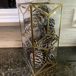 Beautiful antique gold metal frame and glass lantern filled with silver glitter encrusted pine cones that can be removed