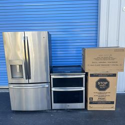 GE brand full kitchen set combo package in stainless steel refrigerator, stove, microwave, dishwashe