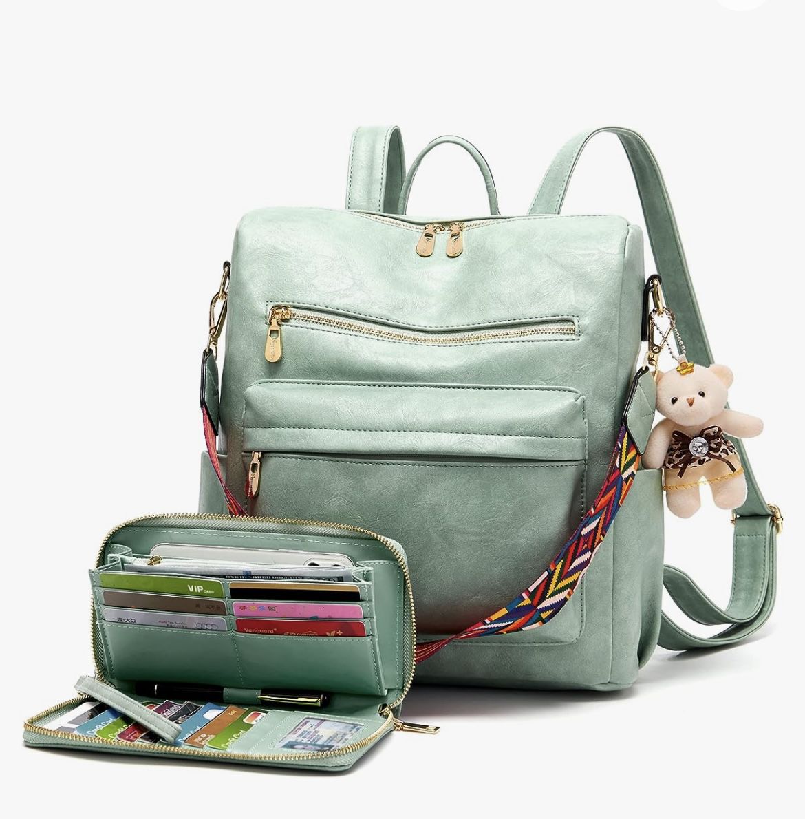 Women’s Backpack Purse Multipurpose Design Handbags Shoulder Bag Vegan Leather Travel Backpack Set 2pc