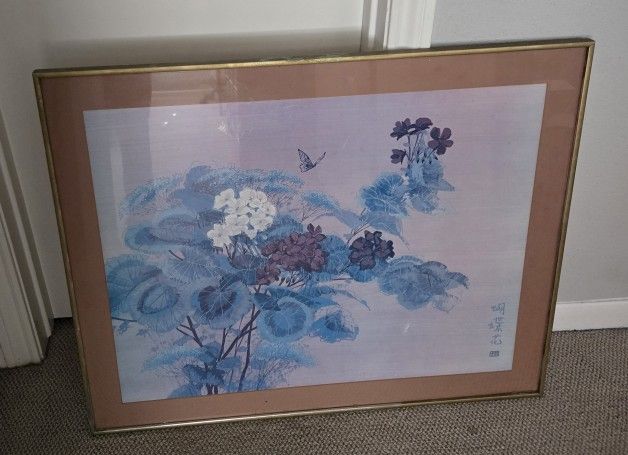 HERO NIM SIGNED JAPANESE ART FLORAL PAINTING ON SILK ~ 29" x 23" Best Offers