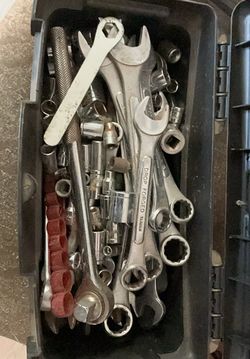 Box of misc sockets screwdrivers,wrenches,box,etc
