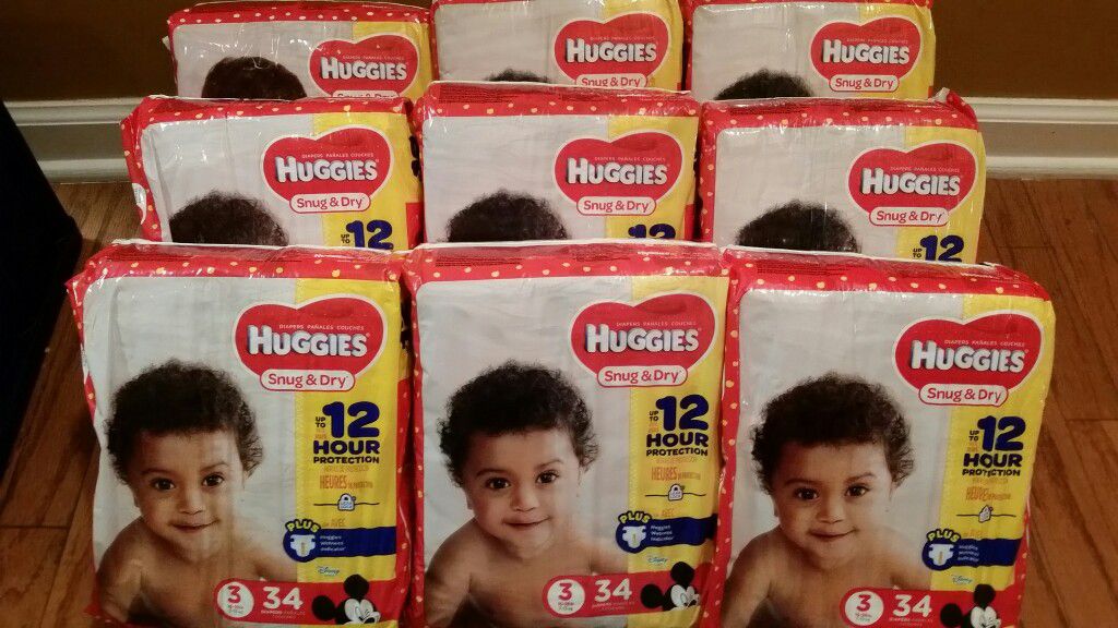 9 packs Huggies size 3 or 4