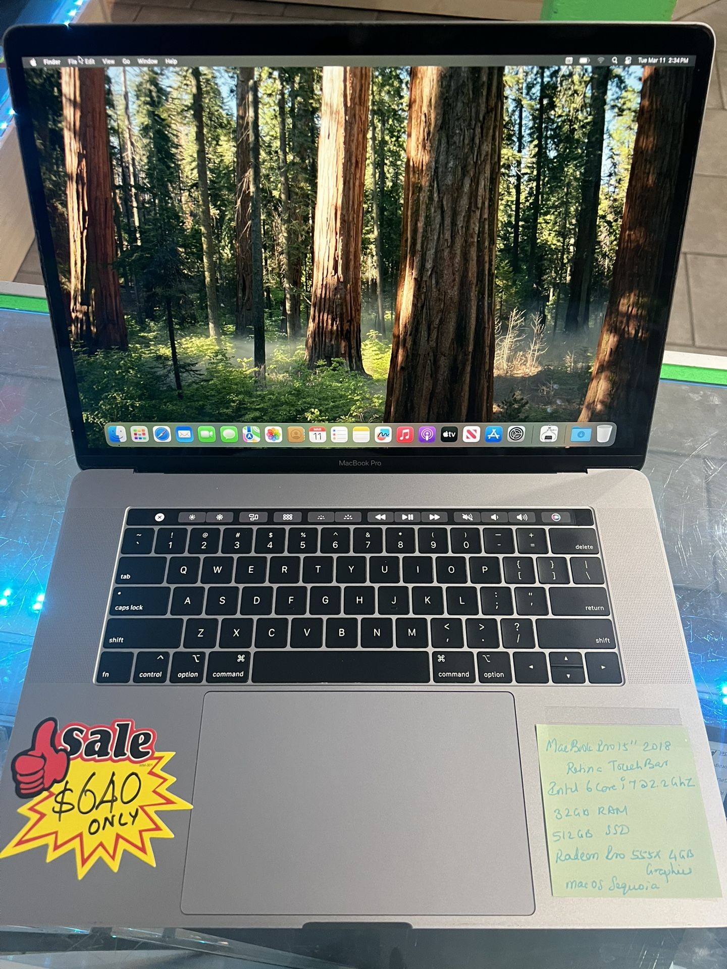 MacBook Pro 15” 2018 - Intel 6 Core (contact info removed), 32GB RAM, 512GB SSD, Radeon Pro 4GB Graphics,Sequoia, Charger.
