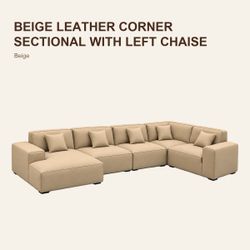 Beige Leather Corner Sectional with Left Chaise – Beige