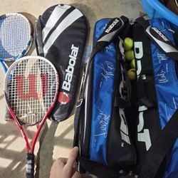 Two Rackets, One Racket Sleeve, 10+ Balls, and a Tennis Bag